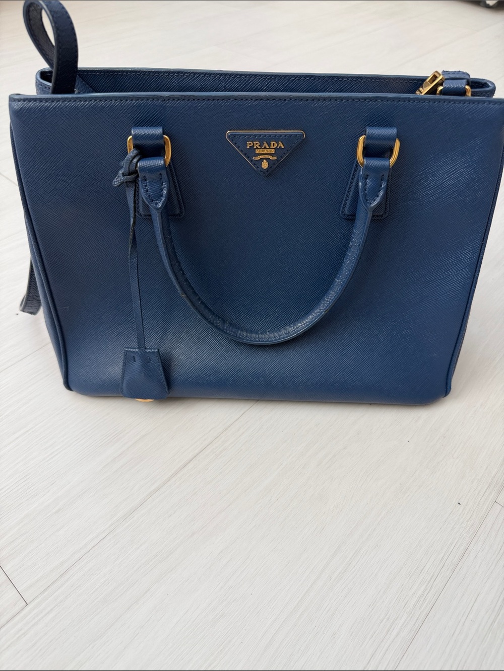 Prada Navy Saffiano Leather Satchel with Gold Hardware